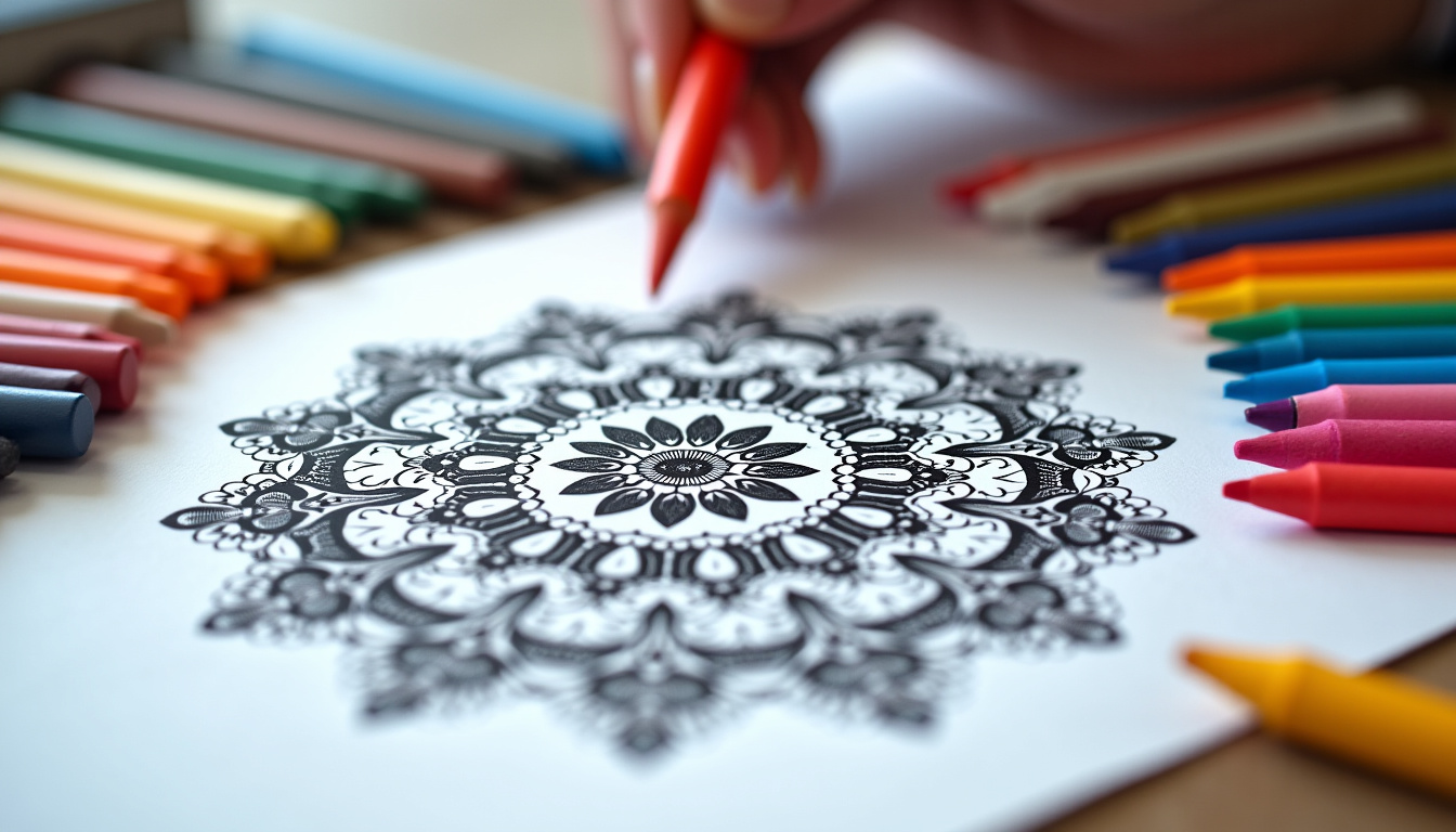 Ensemble de crayons de couleur, feutres, pastels et gomme sur une table de travail avec un mandala en cours de coloriage