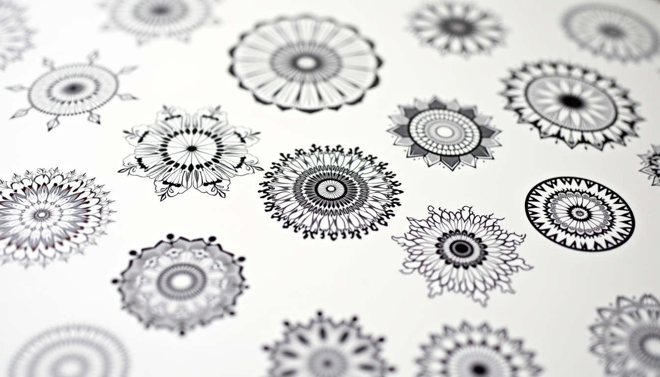Ensemble de mandalas imprimés illustrant différents thèmes: floral, animalier, géométrique et zen
