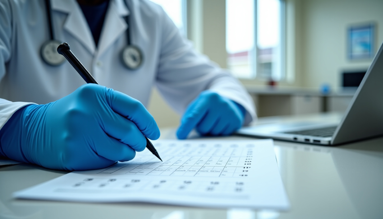 Kinésithérapeute en train de remplir une fiche bilan kiné à la main dans un cabinet de soins