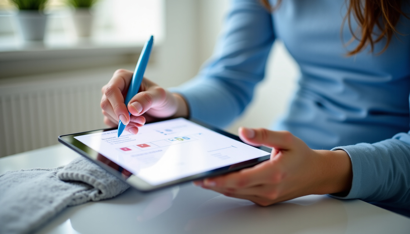 Kinésithérapeute en train de remplir une fiche bilan kiné sur une tablette durant une séance de soin