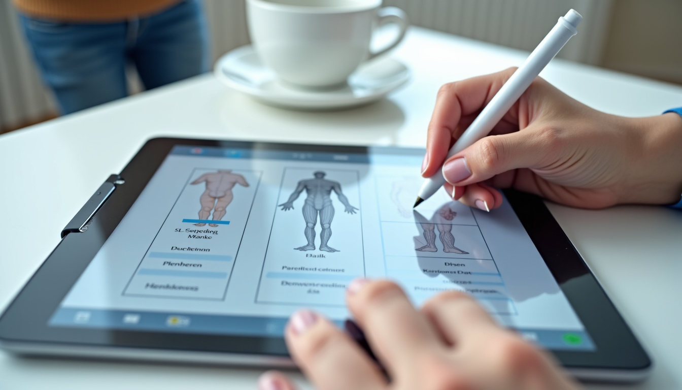 Kinésithérapeute utilisant une tablette pour remplir un body chart numérique avec un patient