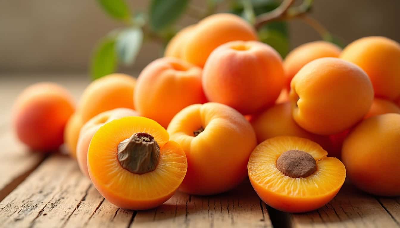 Abricots frais mûrs posés sur une table en bois naturel, lumière naturelle