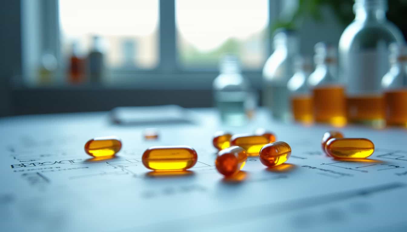 Ampoules et gélules de berbérine en laboratoire, entourées de documents d