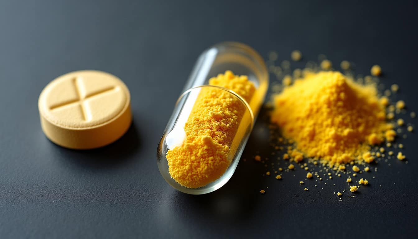 Comparaison visuelle des différentes formes galéniques de berbérine: gélules, comprimés, poudre