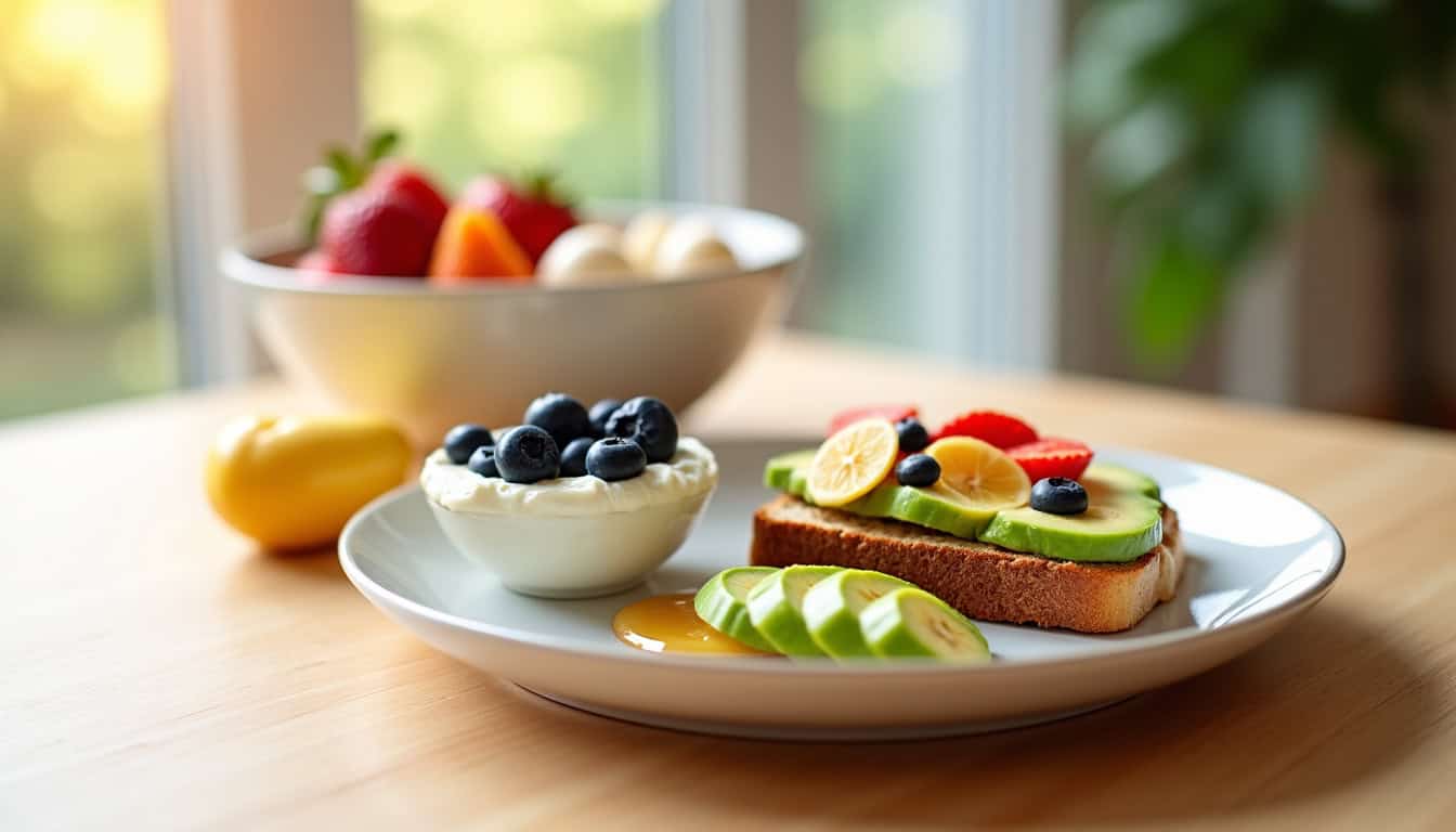 Composition d’un petit déjeuner équilibré avec protéines, fruits, bon gras et céréales complètes