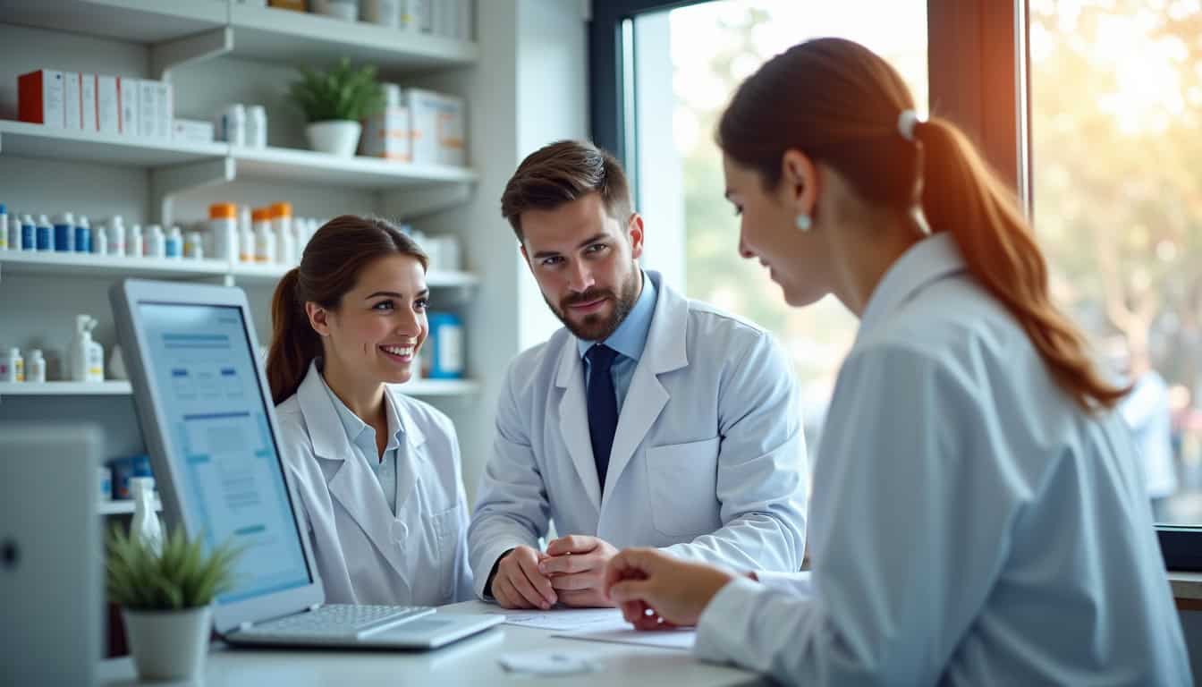 Équipe de pharmaciens travaillant ensemble dans une officine moderne