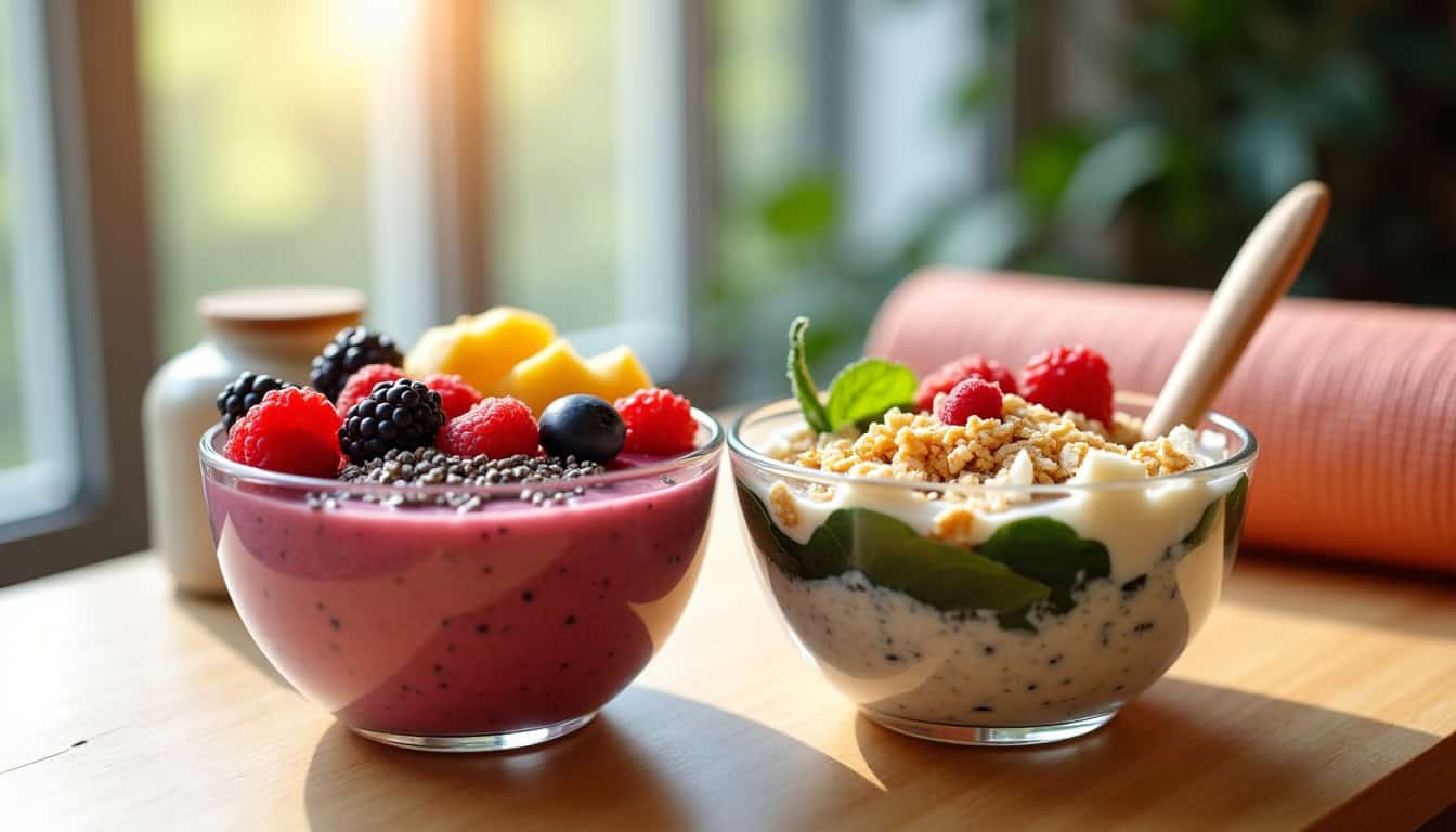 Exemples de petits déjeuners pour végétaliens et sportifs avec smoothie bowl et porridge protéiné