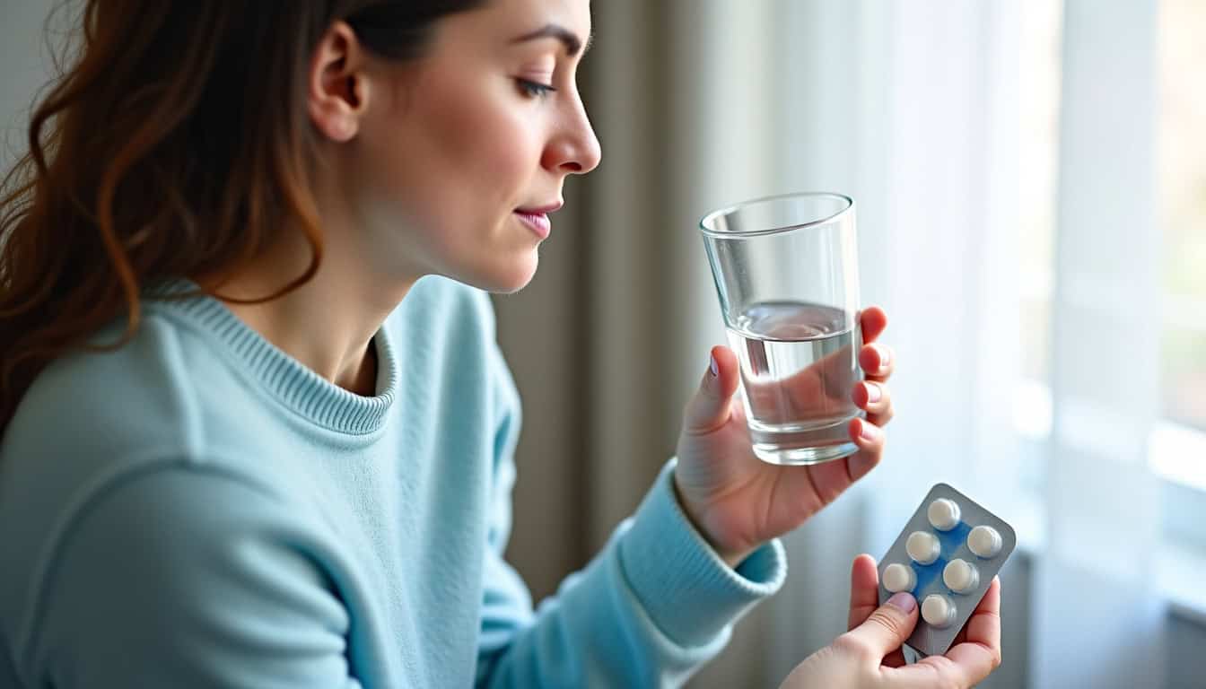 Femme prenant un comprimé de Carbucal avec un verre d’eau