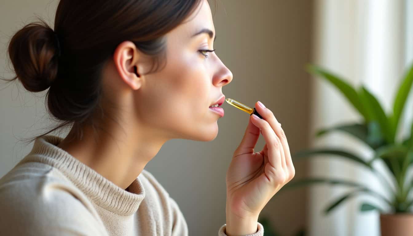 Femme utilisant une huile de CBD en gouttes sous la langue pour une absorption optimale