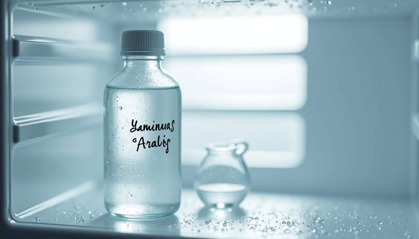 Flacon de sérum physiologique maison étiqueté avec la date de préparation, conservé dans un réfrigérateur