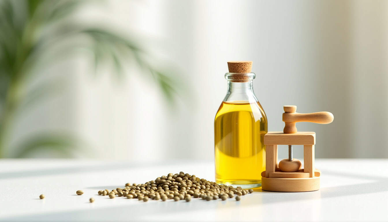 Huile de CBD en flacon avec graines de chanvre et processus de pressage à froid