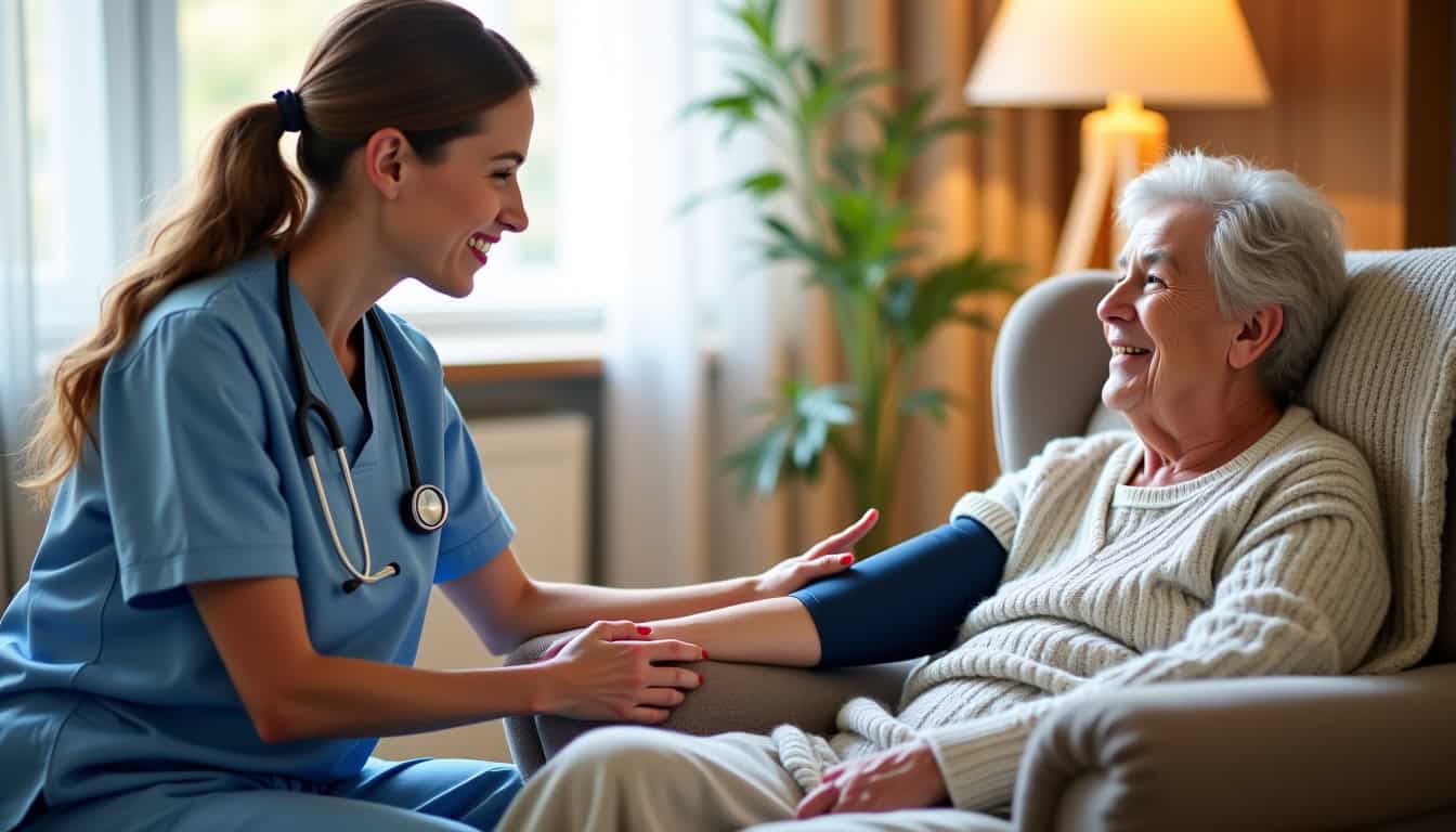 Infirmière en Suisse prodiguant des soins à domicile à un patient âgé