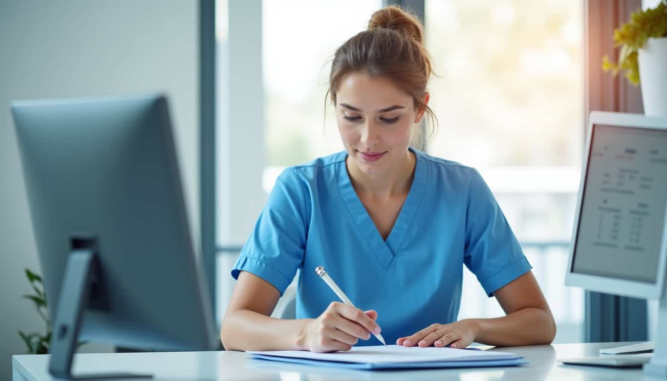 Infirmière en Suisse remplissant un dossier administratif dans un cabinet médical