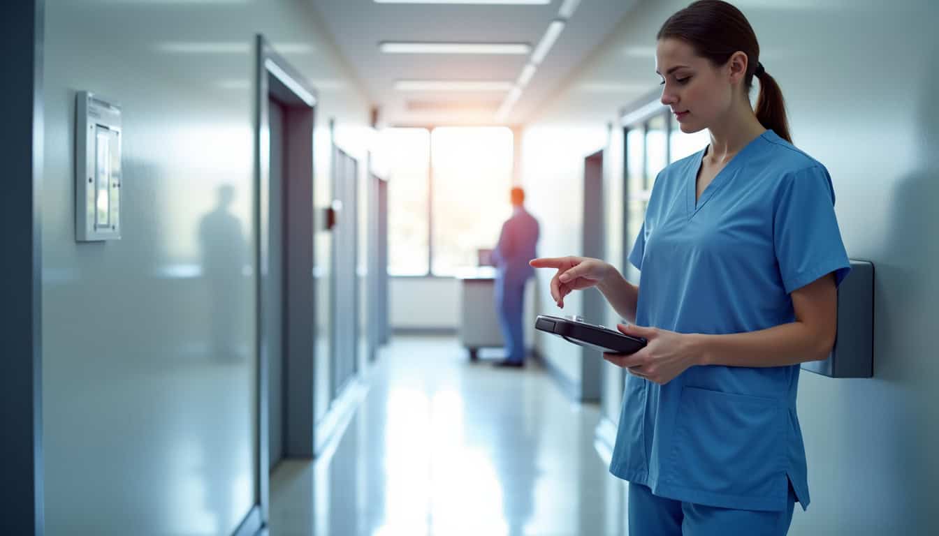 Infirmière en Suisse utilisant un système de pointage horaire dans un hôpital moderne