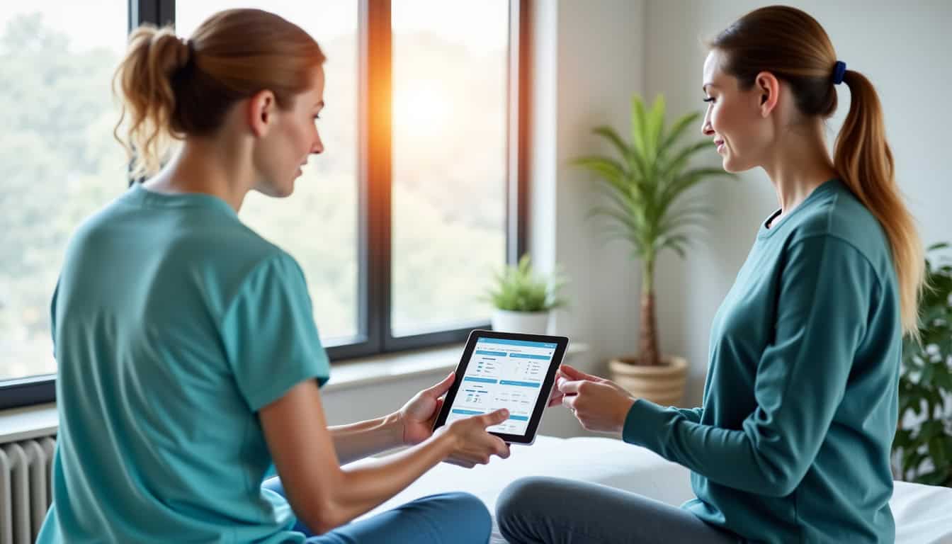 Kinésithérapeute utilisant un bilan kiné personnalisé sur tablette en consultation