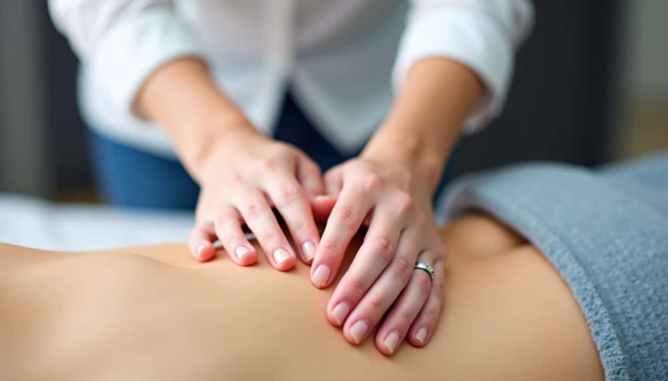 Ostéopathe effectuant une manipulation douce au niveau de la jonction thoraco-lombaire d