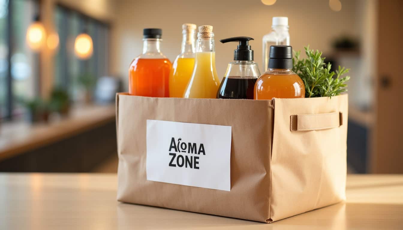 Panier rempli de produits Aroma-Zone avec une étiquette 