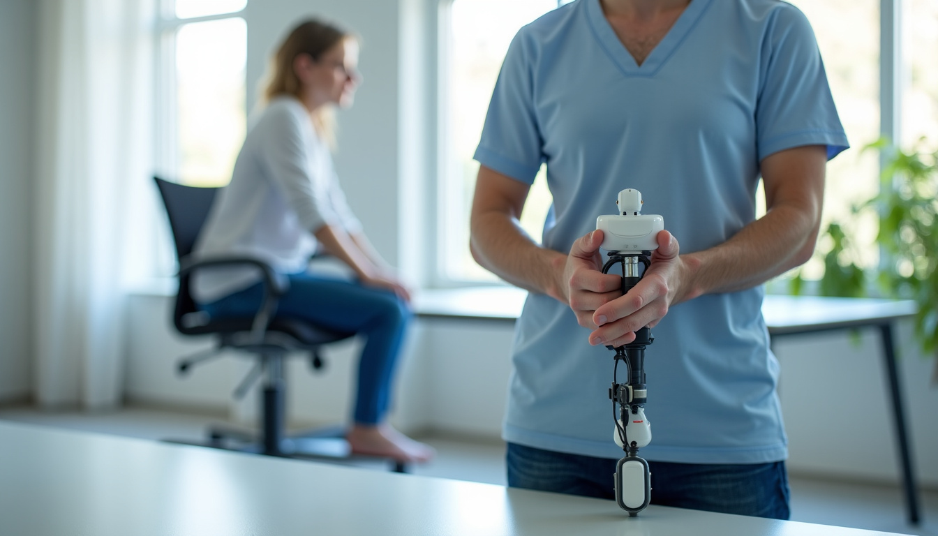 Patient utilisant un exosquelette robotique pour la rééducation de la spasticité