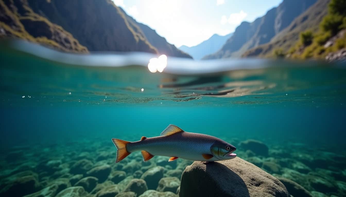 Pêche en eau claire avec fluorocarbone dans un fond rocheux, illustrant la résistance à l