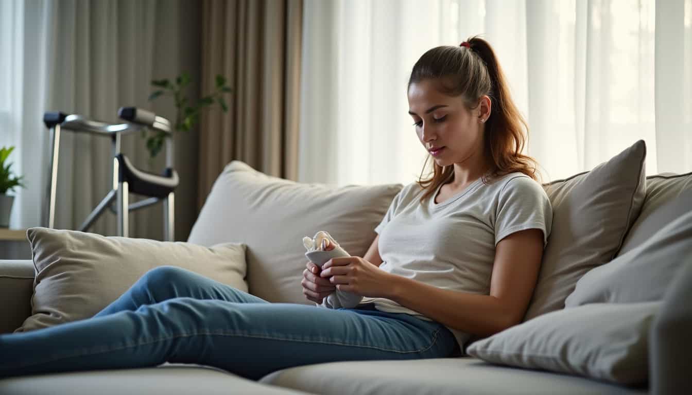 Personne en train de surélever sa jambe et appliquer de la glace après une fracture de la cheville