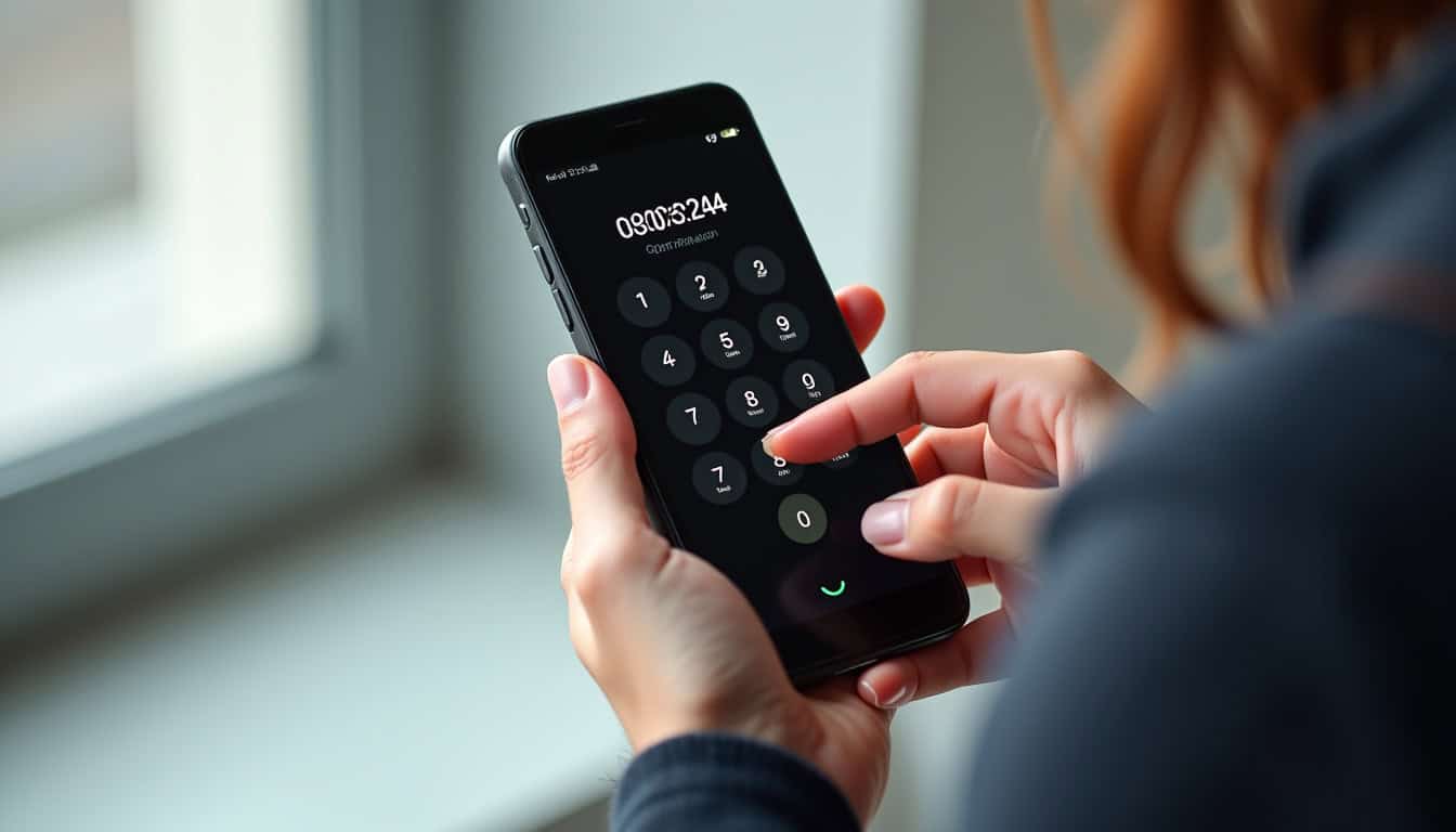 Personne utilisant un téléphone pour contacter iSanté, écran affichant le numéro 0820031243