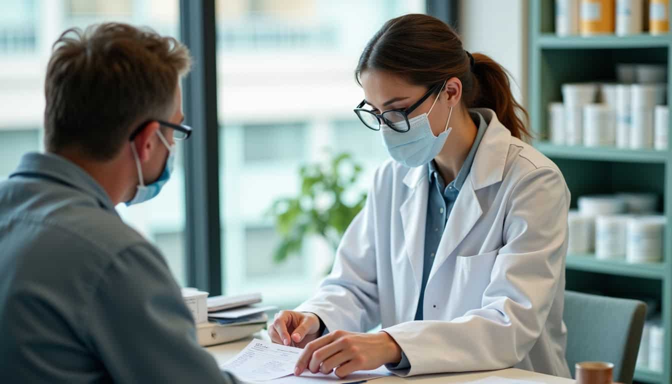 Pharmacien en blouse blanche expliquant une ordonnance à un patient