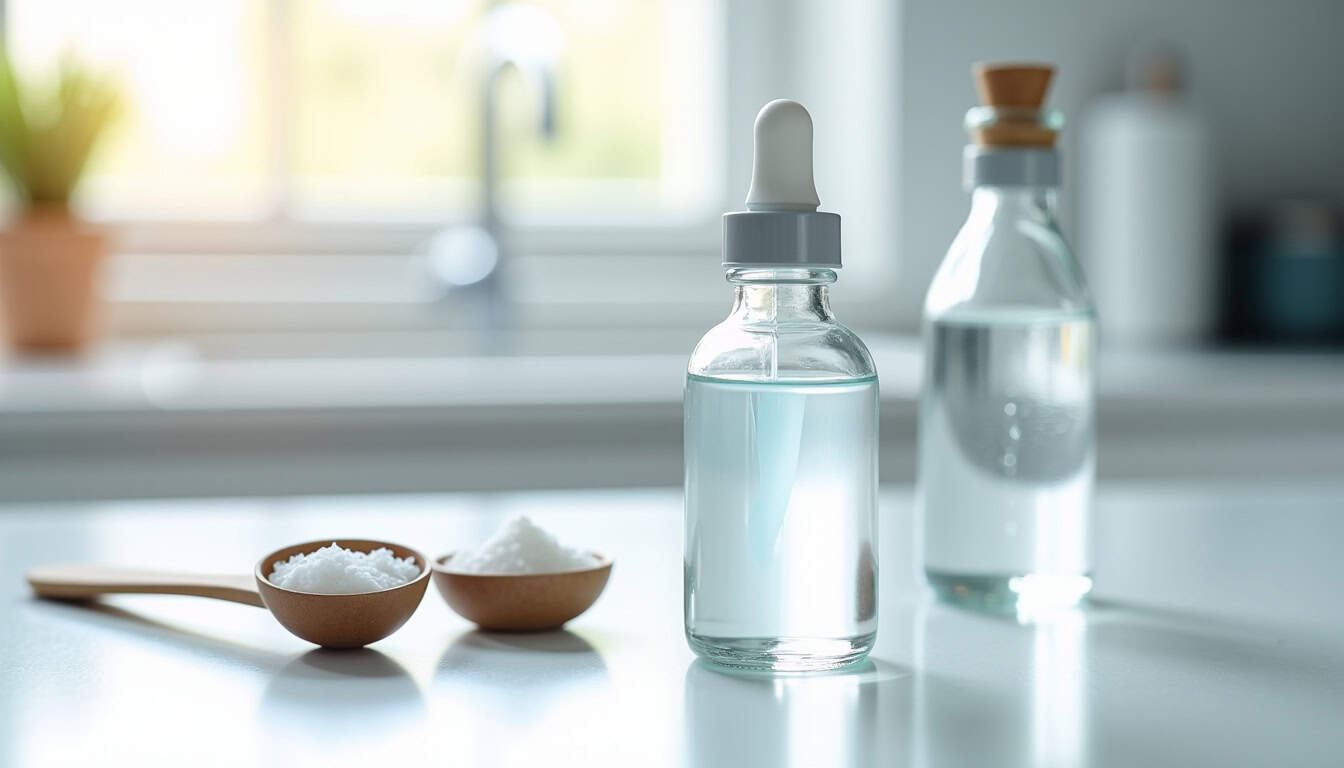 Préparation du sérum physiologique maison dans une cuisine avec des ingrédients et du matériel stérilisé