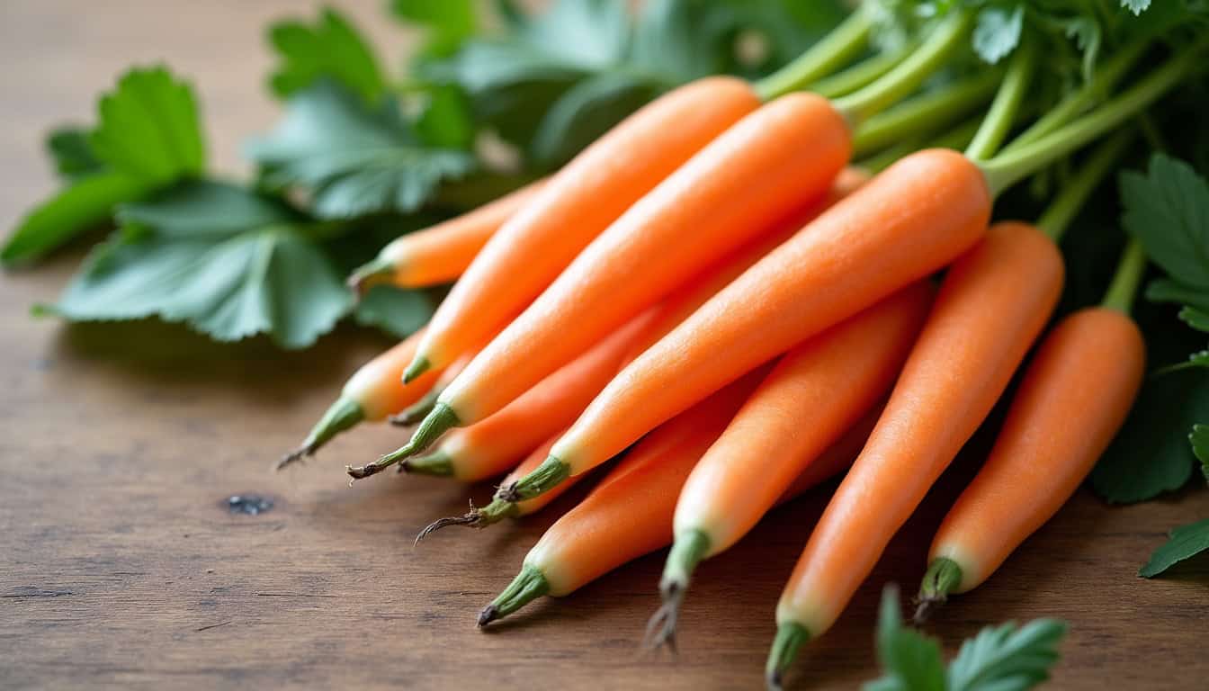 Radis frais disposés sur une table en bois, entourés de feuilles vertes et d