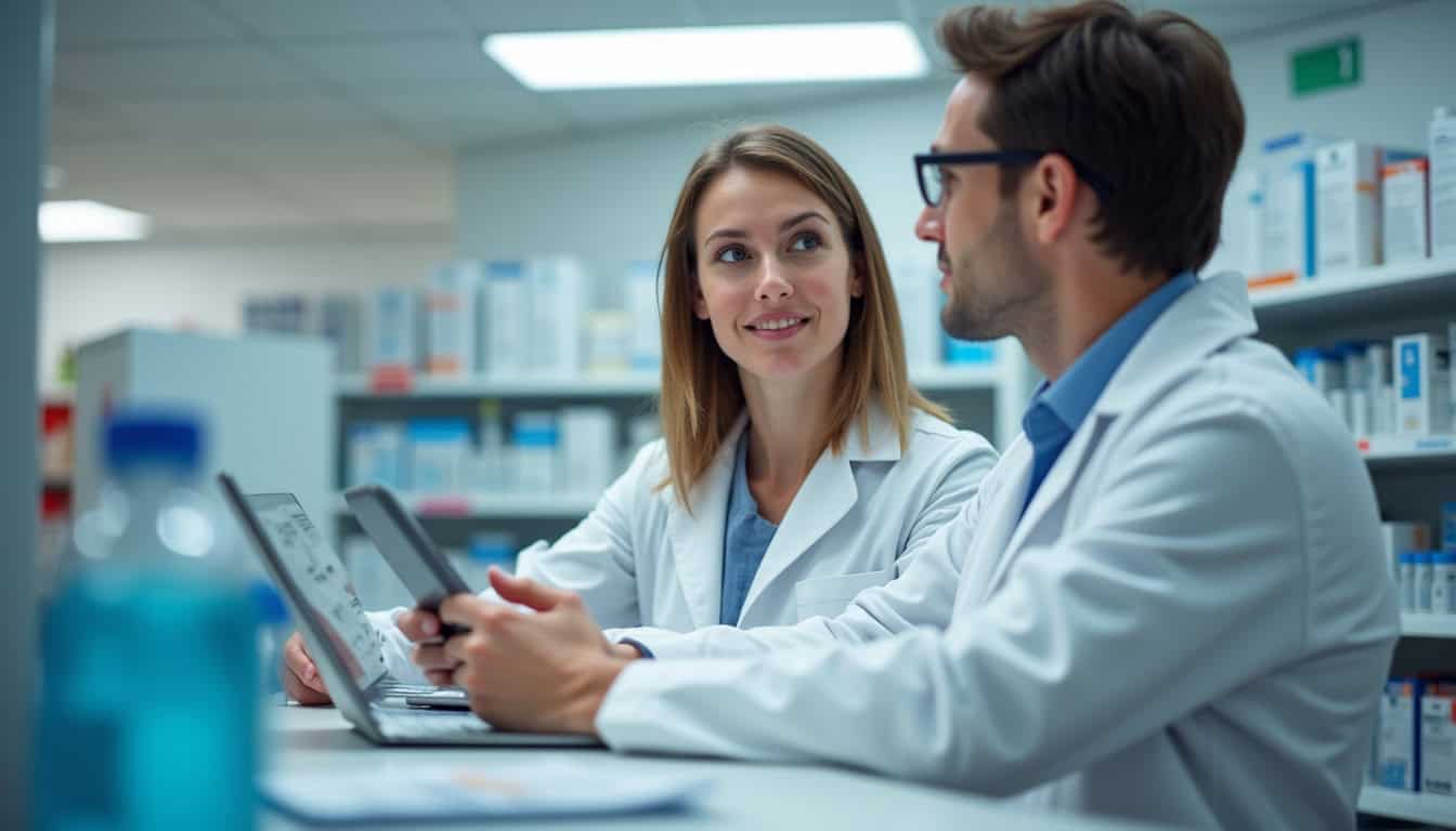 Service client de 1001 Pharmacies en 2015, montrant un pharmacien répondant à une demande par téléphone ou messagerie