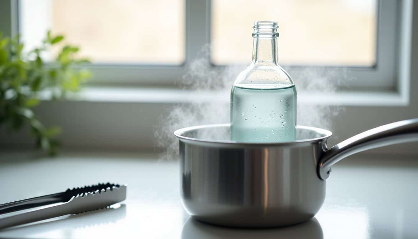 Stérilisation du flacon en verre pour sérum physiologique maison dans une casserole d’eau bouillante