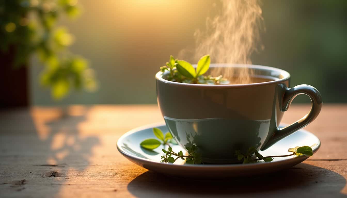 Tisane de verveine servie dans une tasse en céramique sur une table en bois avec une lumière douce