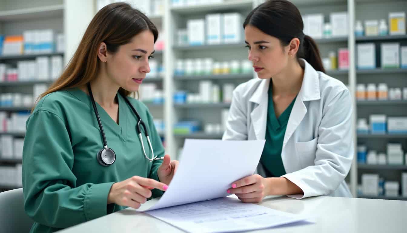 Un préparateur en pharmacie consulte un dossier avec un pharmacien dans un espace de travail partagé