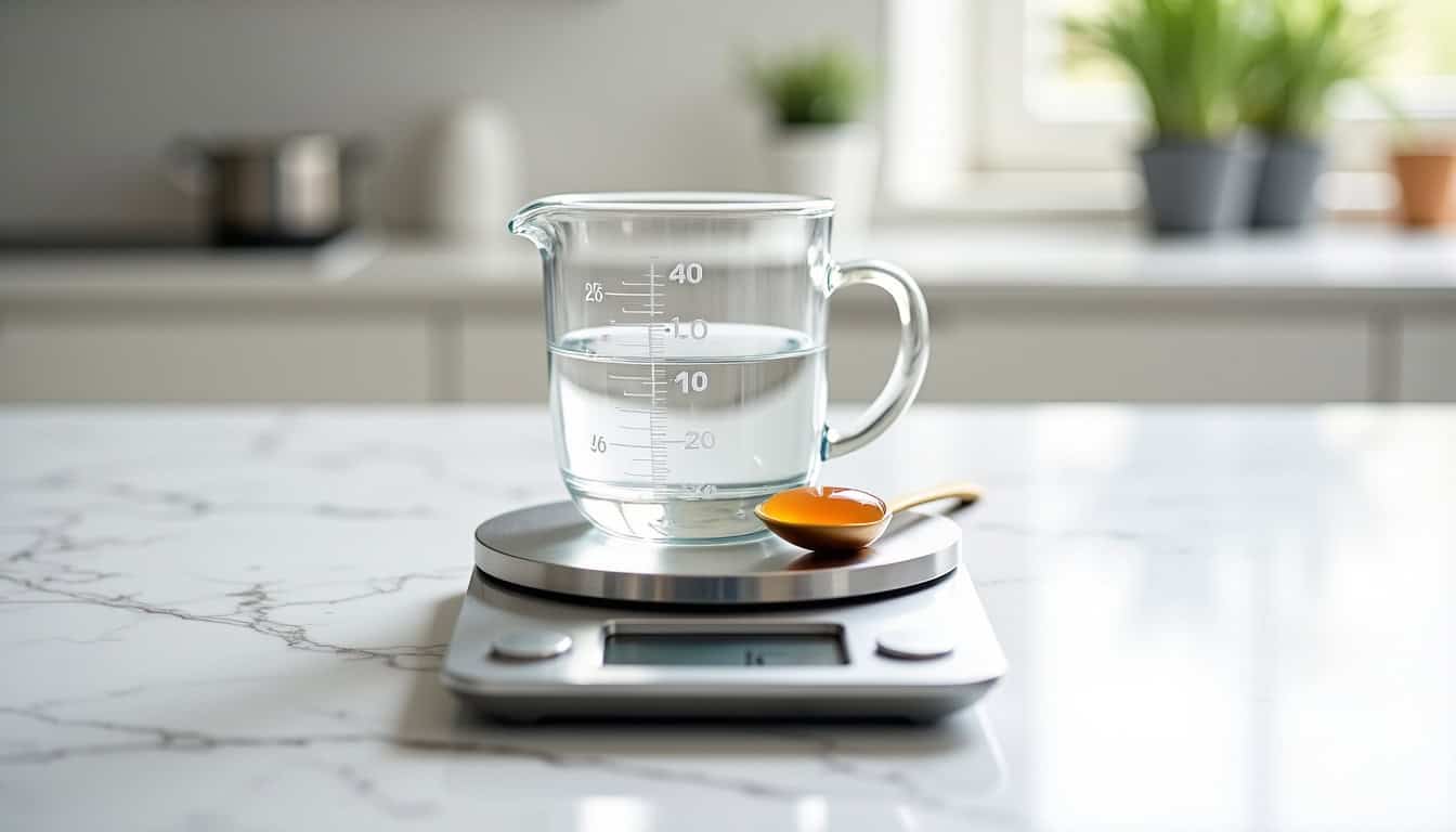 Peseuse de cuisine avec verre d'eau, outil pour mesurer le poids des ingrédients en cuisine.