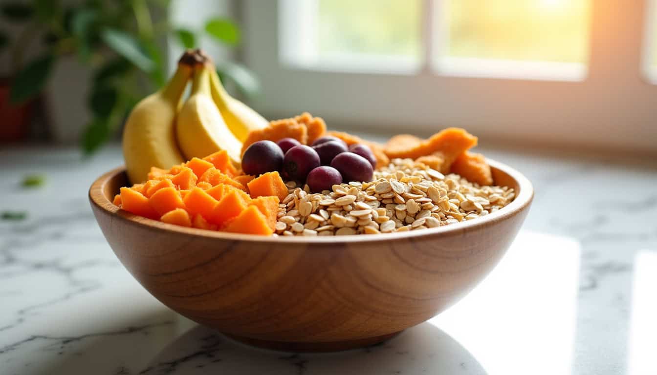 Bol de fruits frais avec bananes, raisins, melon et flocons d'avoine.
