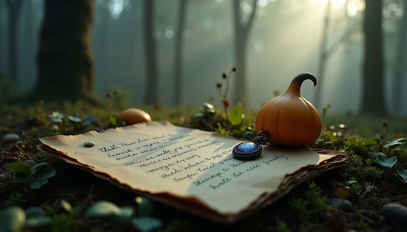 Panneau en bois avec une petite citrouille et une clé ancienne dans une forêt brumeuse.