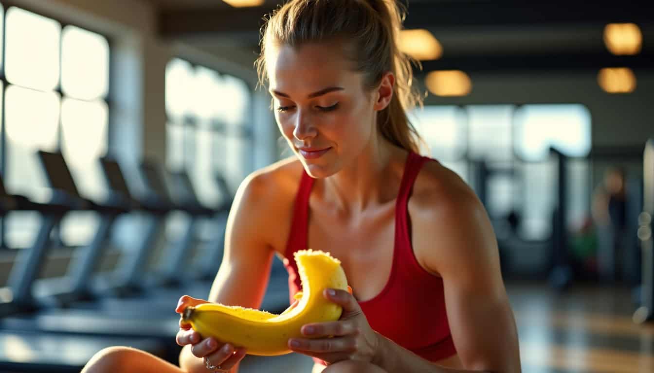 Femme sportive mangeant une banane dans une salle de sport lumineuse.