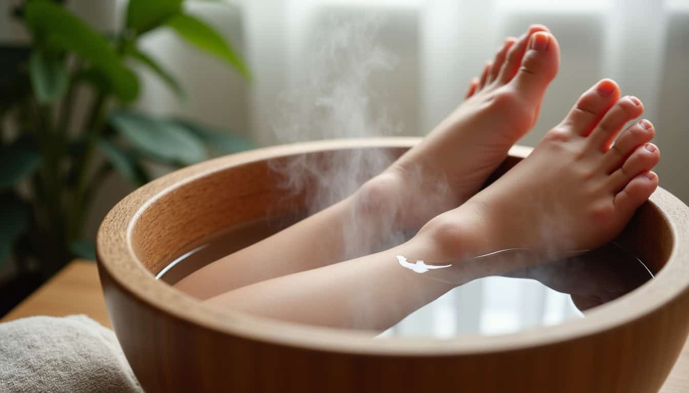 Pieds dans un bain chaud en bois pour relaxation et détente.