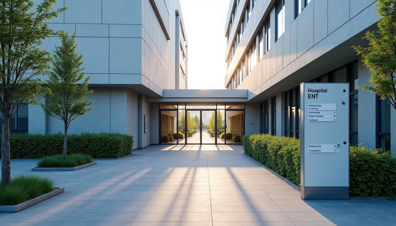 Bâtiment du Centre Hospitalier de Vichy avec entrée du service ORL et panneau de signalisation