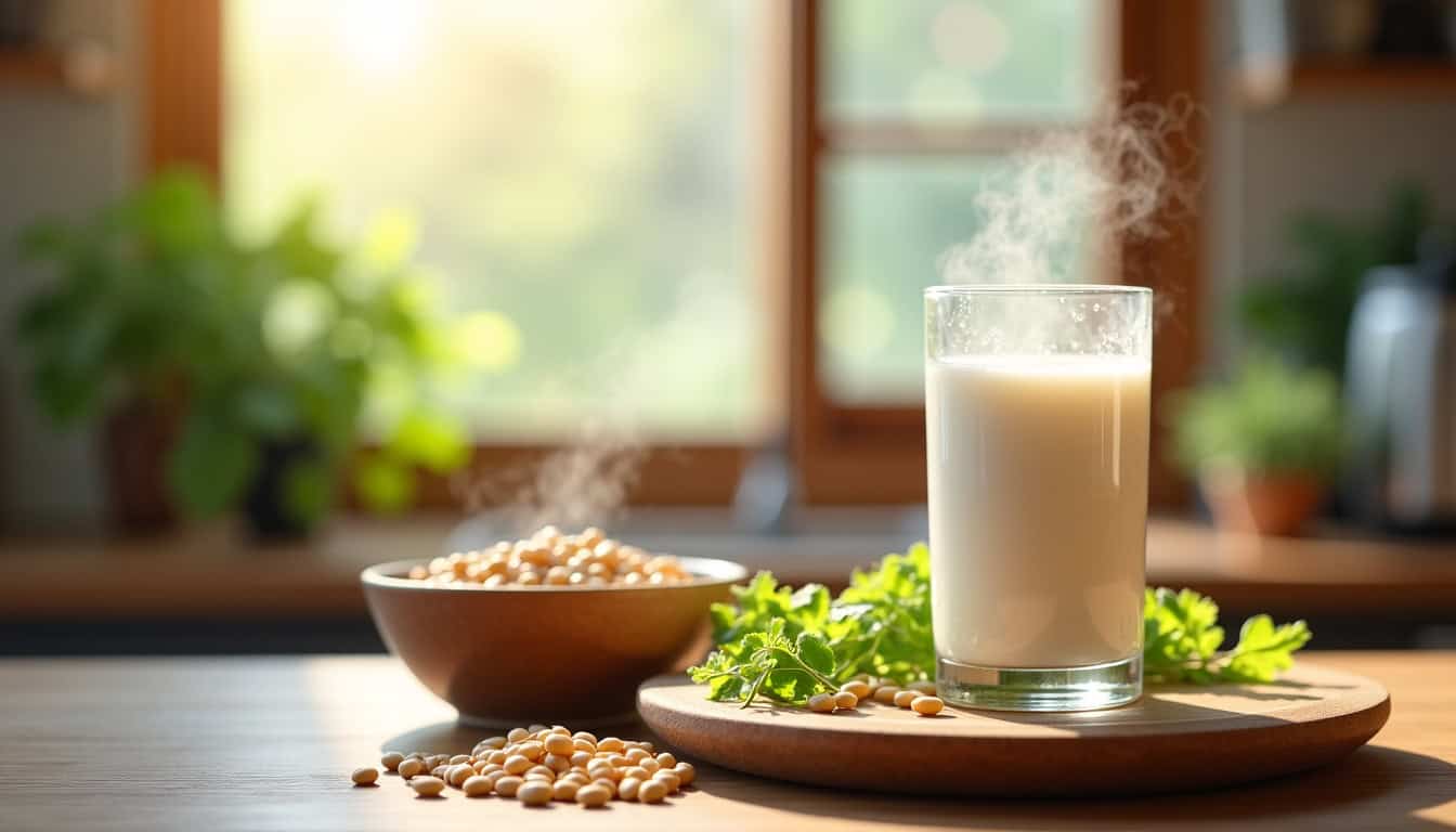 Lait chaud et céréales dans un bol, parfait pour un petit déjeuner équilibré.