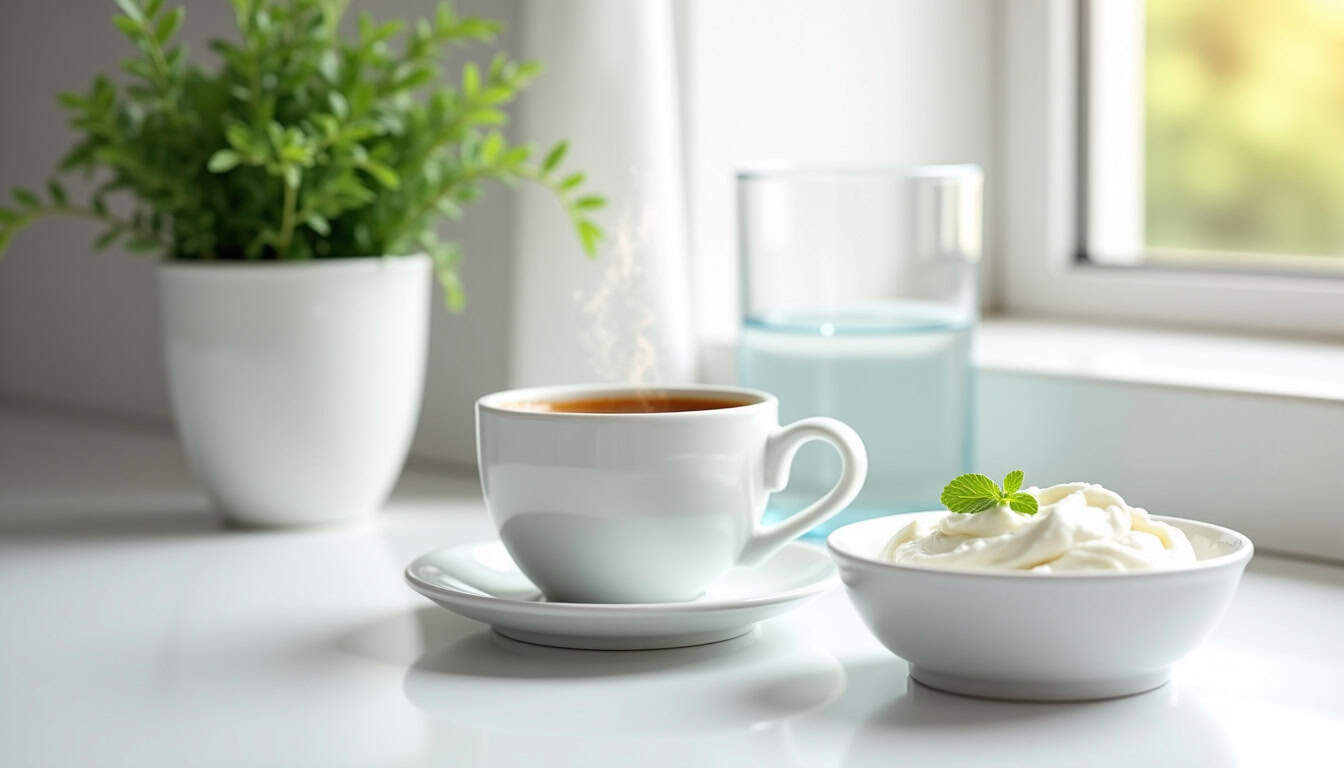 Café chaud avec crème, eau fraîche et plante verte dans un intérieur lumineux.