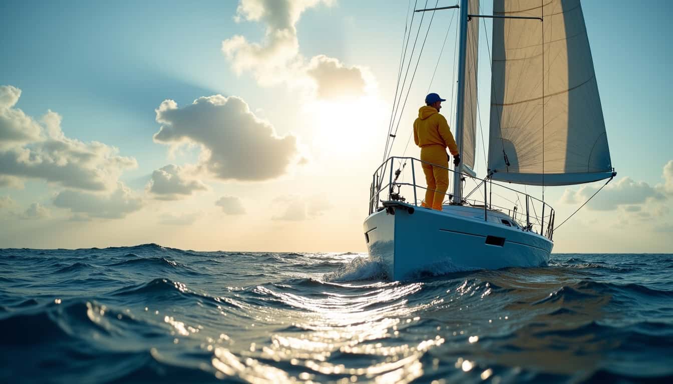 Voilier naviguant en mer avec un marin à bord, soleil couchant et ciel nuageux en arrière-plan.