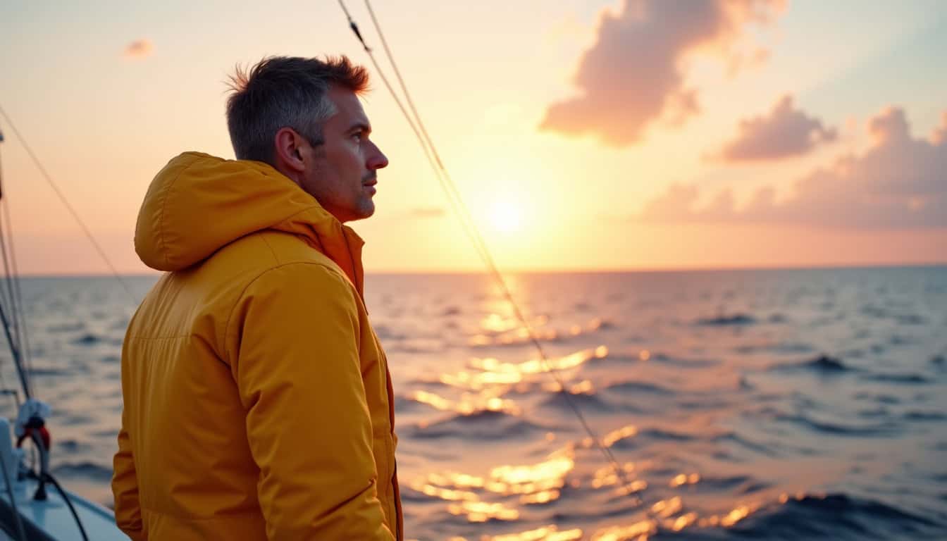 Pêcheur contemplant la mer au coucher du soleil, en tenue orange, lors d'une sortie en mer.