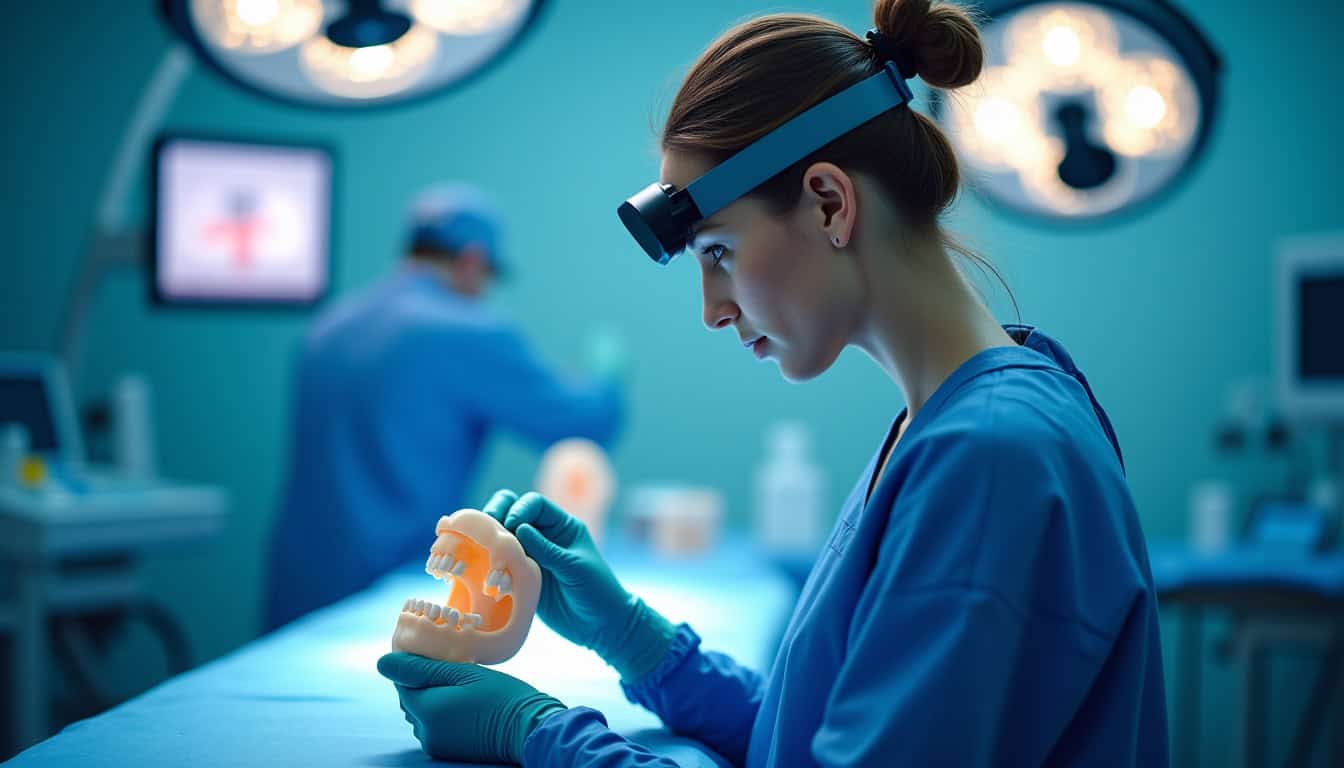 Technicienne dentaire manipulant un modèle dentaire en laboratoire.