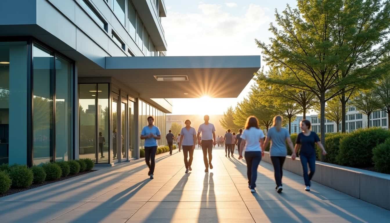 Porte d'entrée moderne et lumineuse avec façade vitrée et design contemporain.