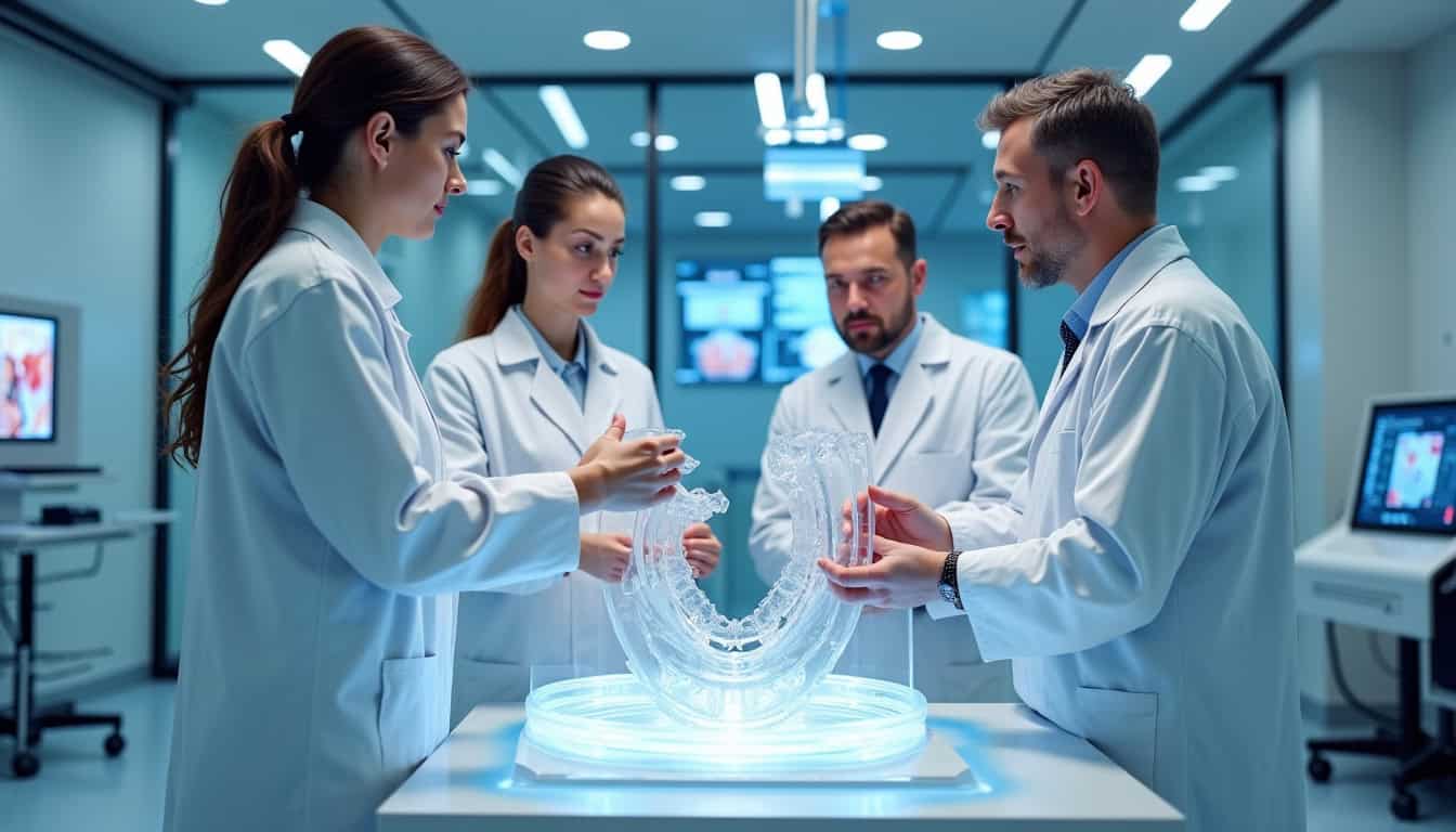 Équipe de professionnels en formation avec un modèle 3D médical interactif.