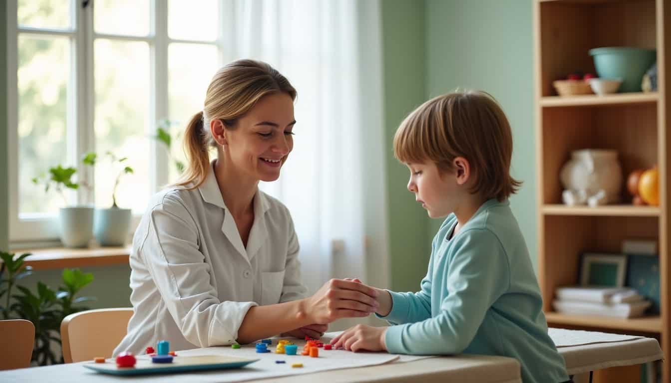 Pédagogue aidant un enfant à jouer à un jeu de société dans une maison lumineuse.