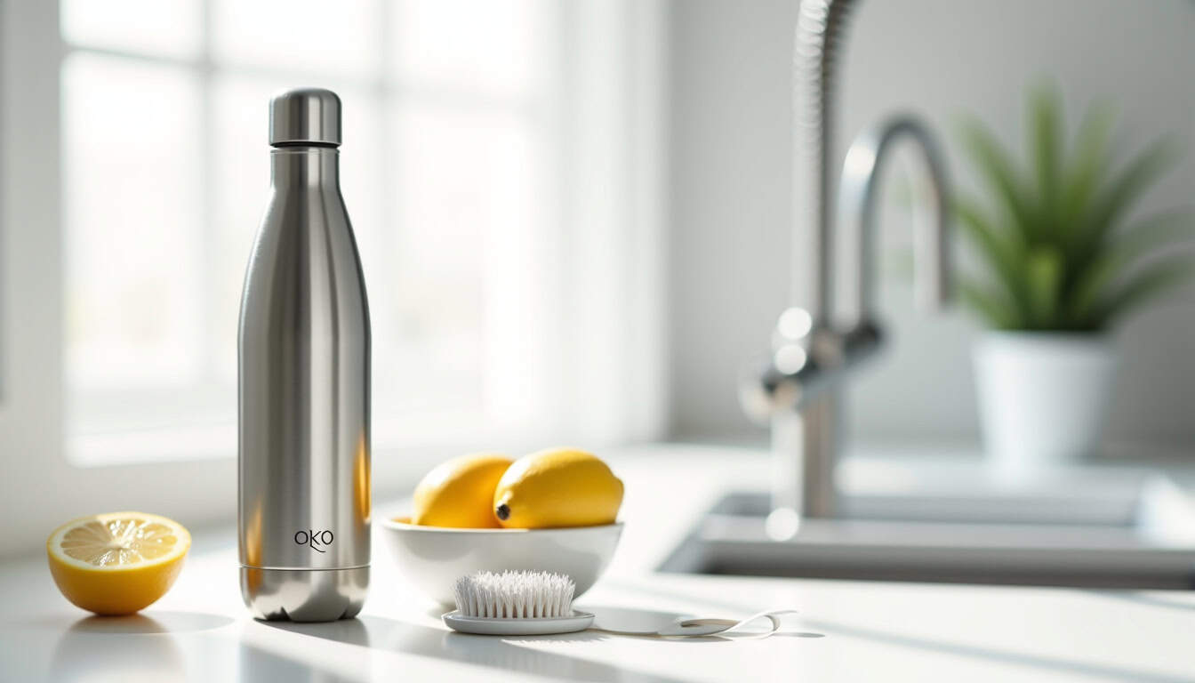 Bouteille isotherme en acier inoxydable sur plan de cuisine lumineux.