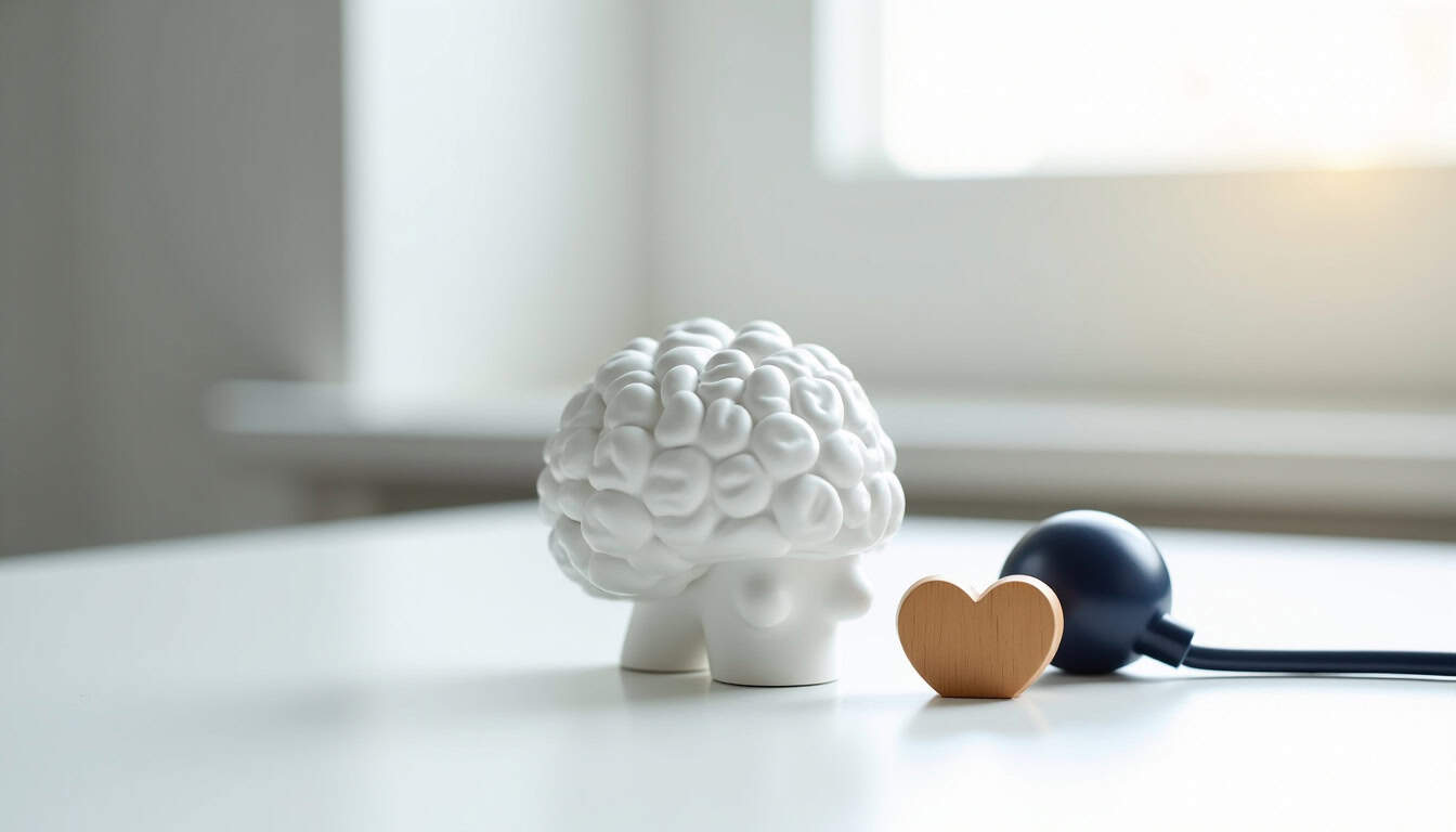 Pomme de cerveau en décoration de bureau avec écouteur et cœur en bois, symbolisant la santé mentale.