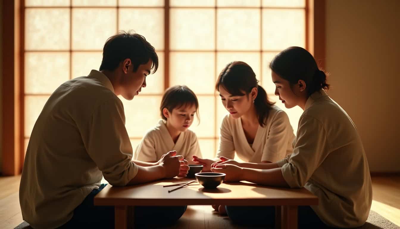 Panneau de famille japonaise jouant à un jeu de société dans une pièce lumineuse, ambiance chaleureu.