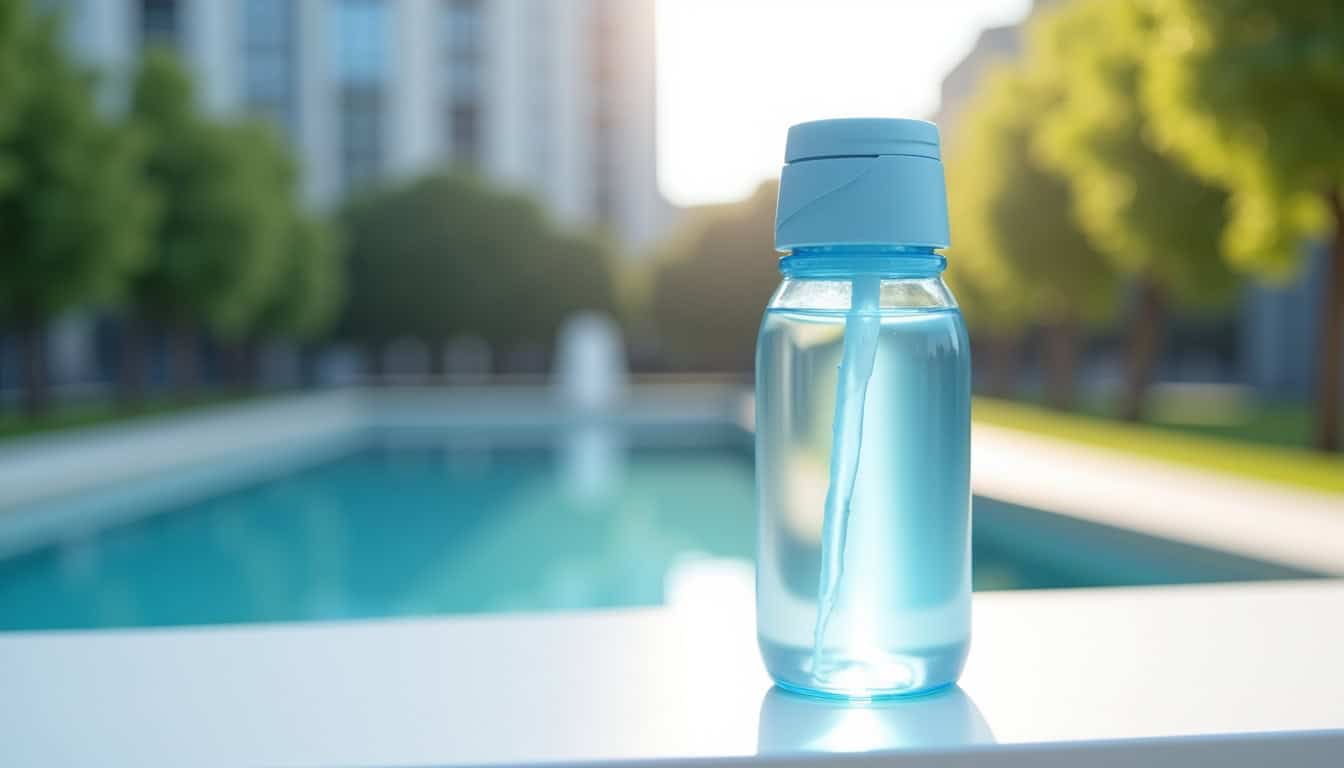 Bouteille d'eau en plastique transparente avec bouchon bleu près de la piscine en plein air.